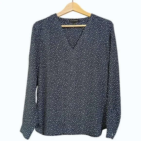 BANANA REPUBLIC Navy Blue & Cream V-Neck Long Sleeve Blouse - Picture 3 of 10